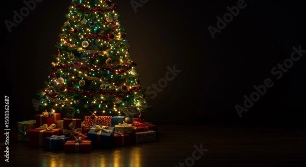 Obraz Christmas Tree With Presents Lights and Decorations On Dark Background Photo