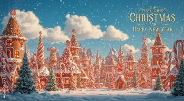 Obraz Christmas Village Illustration Winter Scene Snow Red and White Buildings Background