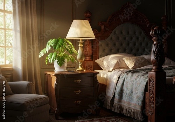 Obraz Classic Bedroom Interior 3D Rendered with Wooden Bed And Golden Lamp