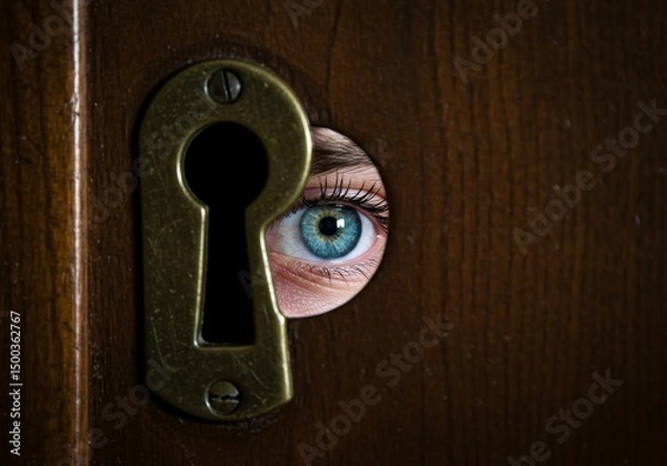 Obraz Close Up Of A Blue Eye Peeking Through A Keyhole On A Wooden Door Photo