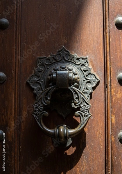 Obraz Close Up Of Ornate Metal Door Handle On Aged Wooden Door Photo
