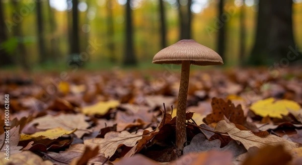 Obraz Close-Up Photo of a Brown Mushroom Surrounded by Autumn Leaves in Forest