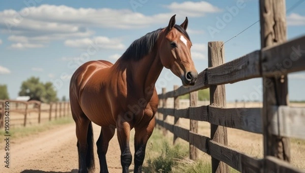 Fototapeta A sturdy ranch horse stands calmly beside a wooden fence, its sleek coat shining under the open sky, embodying the spirit of rural life without showing any human presence.
