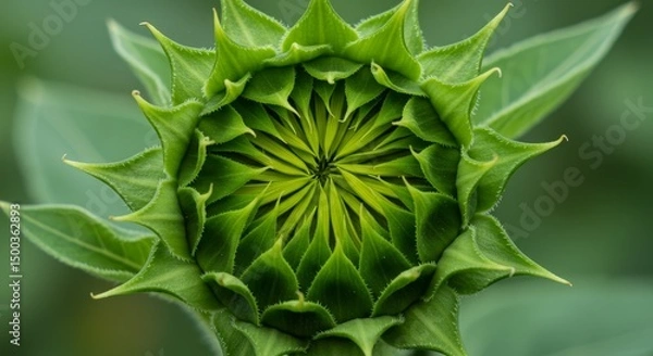 Obraz Close Up Photo Of A Green Sunflower Bud Showing Leaf Texture and Detail