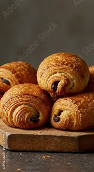 Obraz Close-Up Photo Of Golden Brown Chocolate Croissants On A Wooden Board