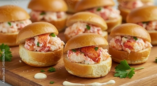 Obraz Close Up Photo Of Gourmet Lobster Rolls On A Wooden Board Photo