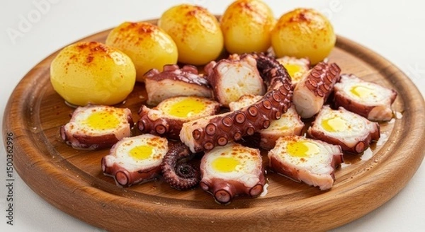 Obraz Close Up Photo Of Grilled Octopus Served With Potatoes On Wooden Board