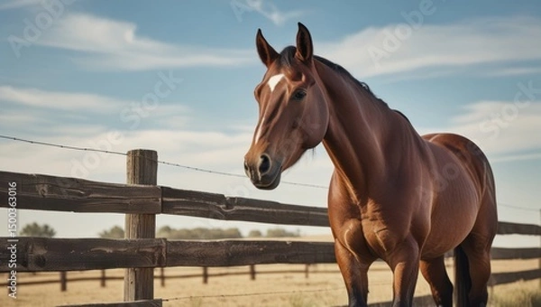Fototapeta A sturdy ranch horse stands calmly beside a wooden fence, its sleek coat shining under the open sky, embodying the spirit of rural life without showing any human presence.
