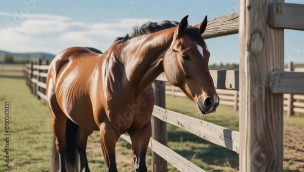 Fototapeta A sturdy ranch horse stands calmly beside a wooden fence, its sleek coat shining under the open sky, embodying the spirit of rural life without showing any human presence.

