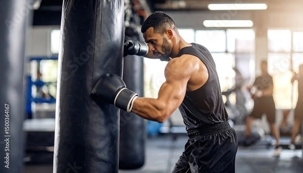 Fototapeta Boxer training gym heavy bag workout.