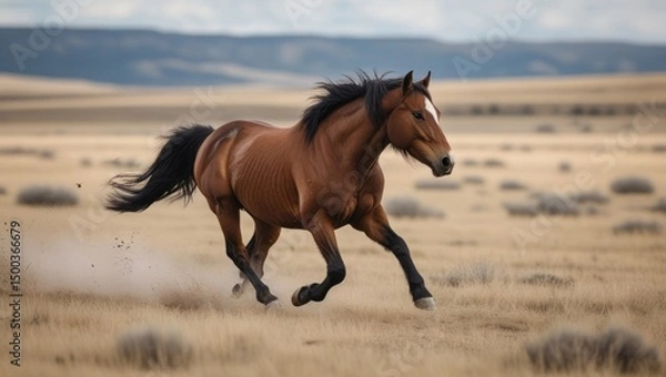 Fototapeta A wild mustang horse runs freely across the open plains, its mane flowing in the wind and muscles rippling with untamed energy, captured without any visible human presence.

