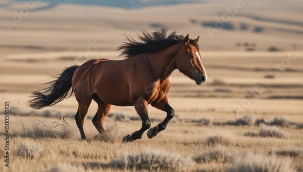 Fototapeta A wild mustang horse runs freely across the open plains, its mane flowing in the wind and muscles rippling with untamed energy, captured without any visible human presence.
