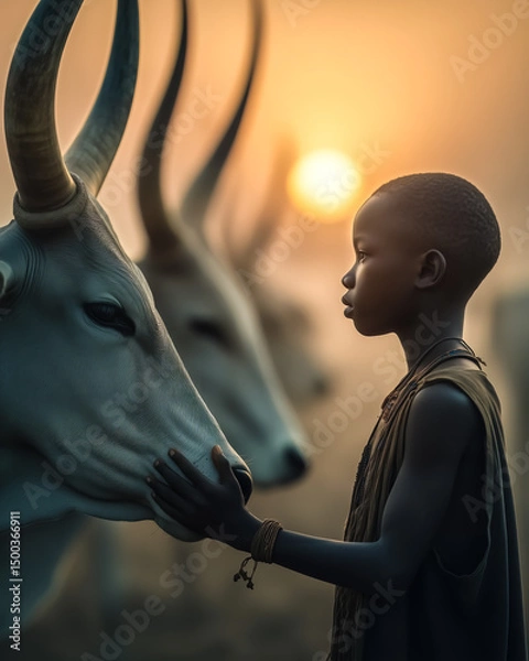 Fototapeta A tribesman stands among a herd of cattle in an open landscape. Generative AI.