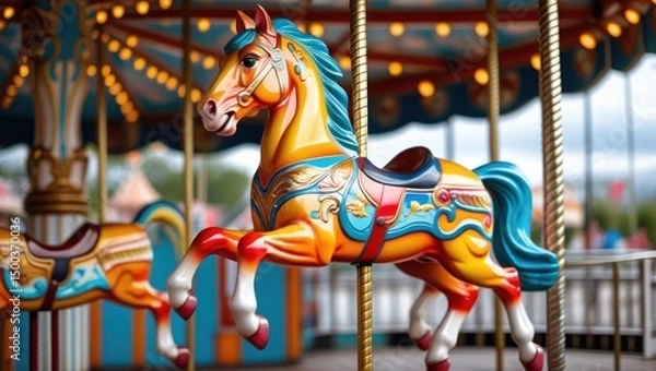 Fototapeta A beautifully carved carousel horse with vibrant colors and ornate details spins gracefully on a vintage carousel, set against a softly blurred amusement park background.
