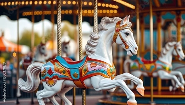 Fototapeta A beautifully carved carousel horse with vibrant colors and ornate details spins gracefully on a vintage carousel, set against a softly blurred amusement park background.
