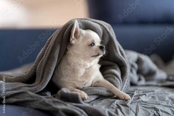 Obraz Piesek rasy chihuahua leży na łóżku okryty kocykiem