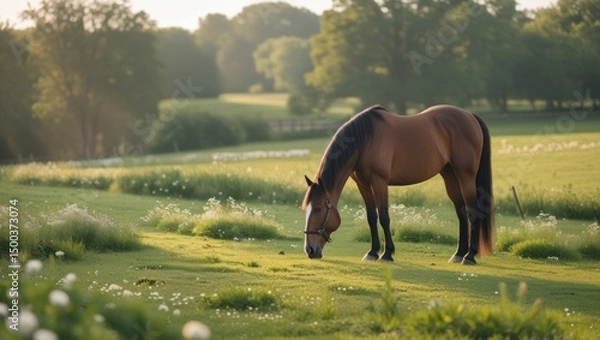 Fototapeta A lone horse grazes peacefully in a green pasture, surrounded by wildflowers and bathed in soft sunlight, with no humans in sight.

