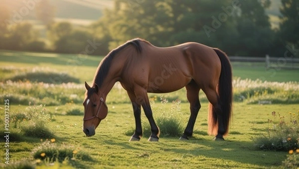Fototapeta A lone horse grazes peacefully in a green pasture, surrounded by wildflowers and bathed in soft sunlight, with no humans in sight.
