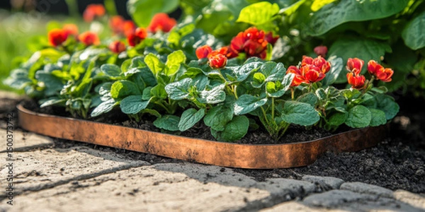 Fototapeta Copper tape used as a slug barrier around colorful flowers in a garden planter for pest control
