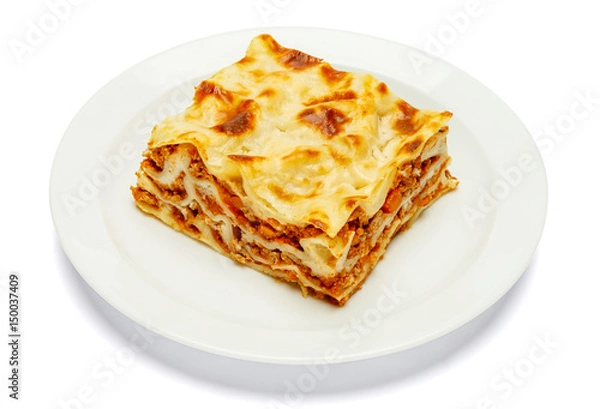 Obraz Portion of tasty lasagna isolated on white