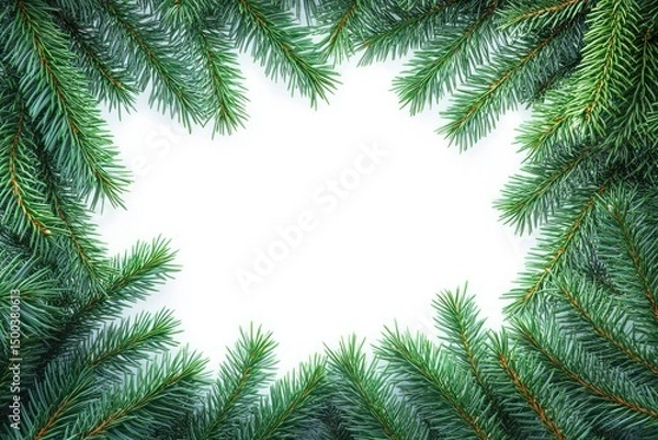 Fototapeta frame made of fresh green fir branches surrounding empty white space with natural vibrant textures