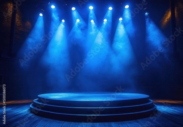 Fototapeta Empty circular stage illuminated by multiple blue spotlights with smoky atmosphere in a dark theater setting