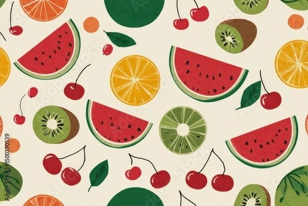 Fototapeta Colorful flat illustration of various fruits including watermelon, cherries, oranges, and kiwis arranged in a playful pattern on a light background, showcasing vibrant colors and textures