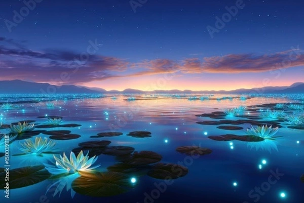 Fototapeta Serene lake at dusk with glowing water lilies and reflections, surrounded by distant mountains under a starry sky, creating a tranquil and magical atmosphere