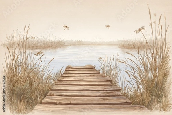 Fototapeta Serene wooden dock extending over calm water, surrounded by tall grass and delicate dragonflies, creating a tranquil atmosphere for relaxation and reflection in nature