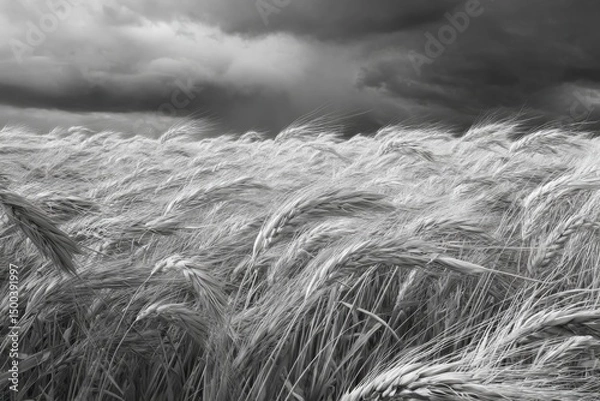 Obraz Black and white image of a vast field of wheat swaying gently in the wind under a dramatic sky filled with dark clouds, capturing the essence of nature's beauty and tranquility