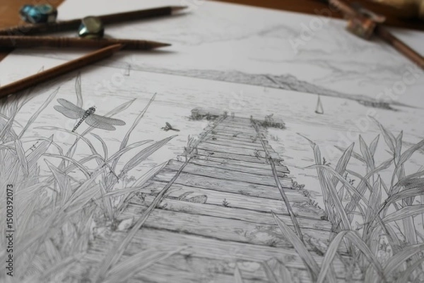 Obraz Detailed pencil sketch illustration of a wooden pier extending into a serene lake, surrounded by lush grass and delicate dragonflies, capturing a tranquil nature scene