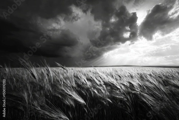 Obraz Dramatic black and white landscape of a vast field of wheat swaying in the wind under a moody sky filled with dark clouds and rays of sunlight breaking through the atmosphere