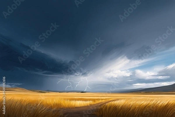 Obraz Dramatic landscape featuring golden grass fields under a stormy sky with dark clouds and lightning illuminating the horizon, creating a powerful natural scene