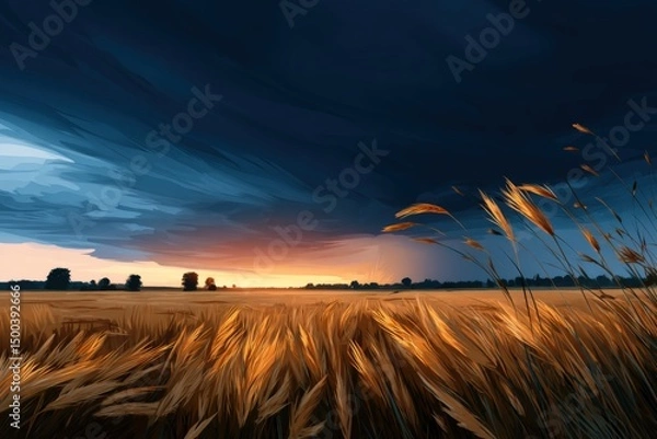 Obraz Dramatic landscape featuring golden wheat field swaying in the wind under a moody sky with dark clouds and vibrant sunset hues creating a captivating natural scene