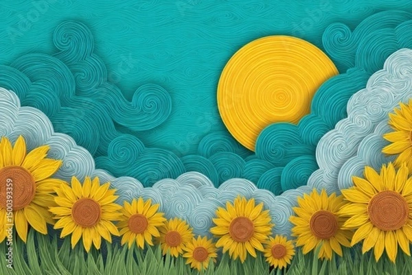 Fototapeta Vibrant paper art illustration featuring sunflowers in a lush green field under a bright yellow sun and swirling blue clouds, creating a cheerful summer atmosphere