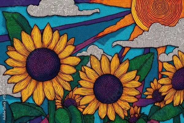 Fototapeta Vibrant sunflower illustration with bold colors, intricate line work, and a bright sun in the background, creating a cheerful and lively atmosphere in a floral scene