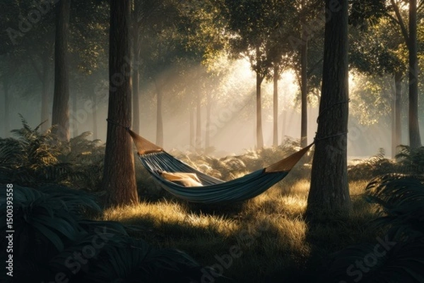 Fototapeta Tranquil hammock suspended between trees in a serene forest, surrounded by lush greenery and soft sunlight filtering through the leaves, creating a peaceful atmosphere for relaxation