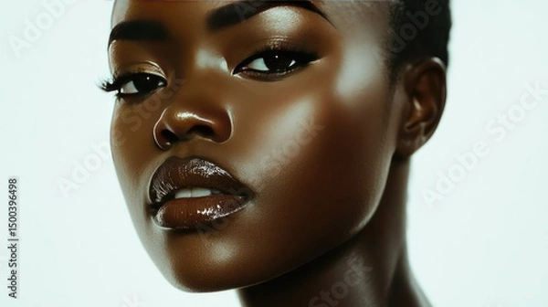 Fototapeta Elegant woman with smooth skin, natural makeup, and glossy lips posing gracefully against a clean white background