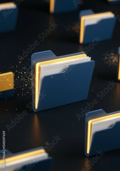 Fototapeta 3D Illustration of Blue Folders with Documents against a Dark Background