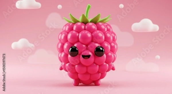 Fototapeta 3D Illustration of Cute Raspberry Character with Pink Background and Clouds