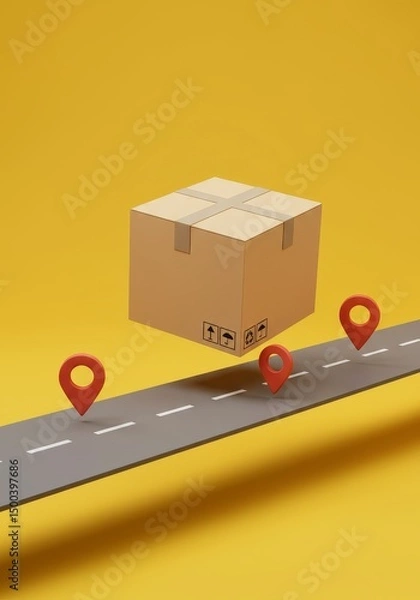 Fototapeta 3D Illustration of Delivery Package on Road with Navigation Pins in Yellow