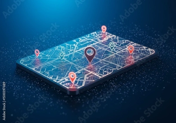 Fototapeta 3D Illustration of Digital Map with Location Pins in Blue Tones