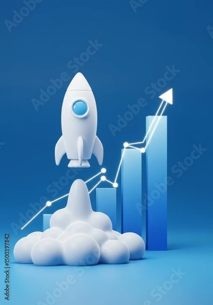 Fototapeta 3D Illustration Of Rocket Above Growth Chart Representing Business Success