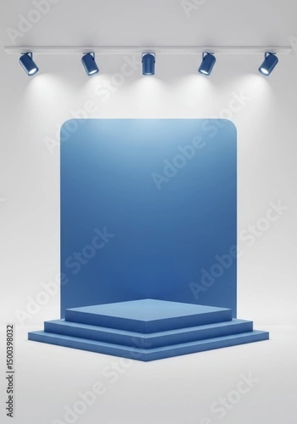 Fototapeta 3D Render Blue Stage with Spotlights on White Background for Presentation