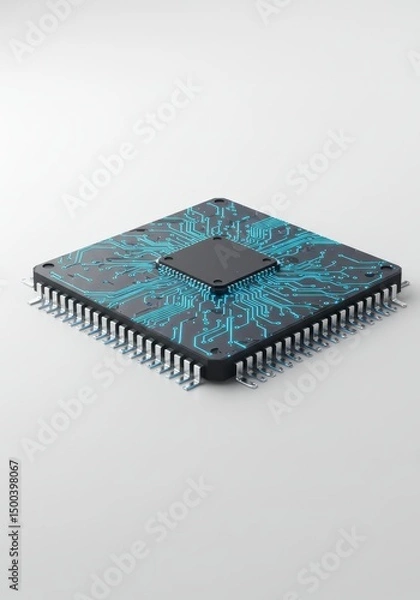 Fototapeta 3D Render of a Blue Illuminated Circuit Chip on a Metallic Surface