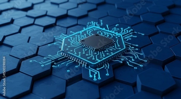 Fototapeta 3D Render of a Digital Microchip Circuit Board in Blue Hexagonal Background