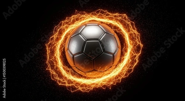 Fototapeta 3D Render of a Metallic Soccer Ball Surrounded by a Ring of Fire and Orange Light