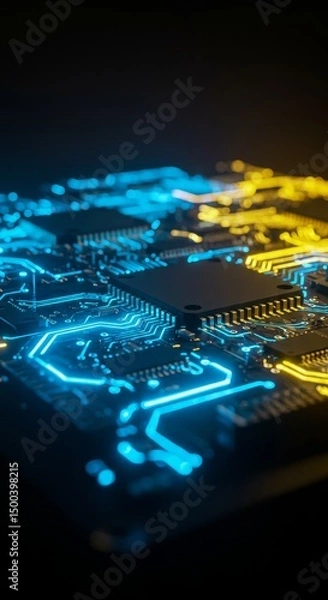 Fototapeta 3D Render of a Neon Blue and Yellow Illuminated Circuit Board Abstract Background