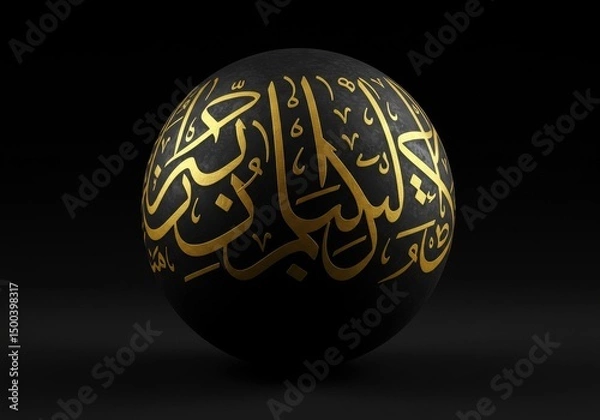Fototapeta 3D Render of Black Sphere with Gold Arabic Calligraphy on Dark Background