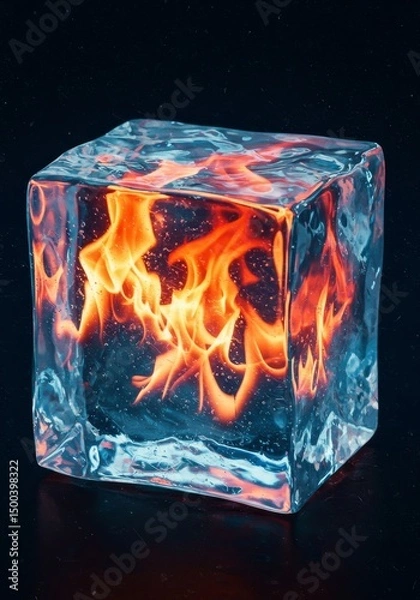 Fototapeta 3D Render of an Ice Cube Enclosing Fiery Flames on a Starry Background